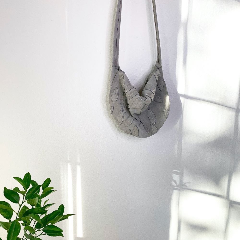 RARE Handmade Grey Suede Leaf Crossbody Purse